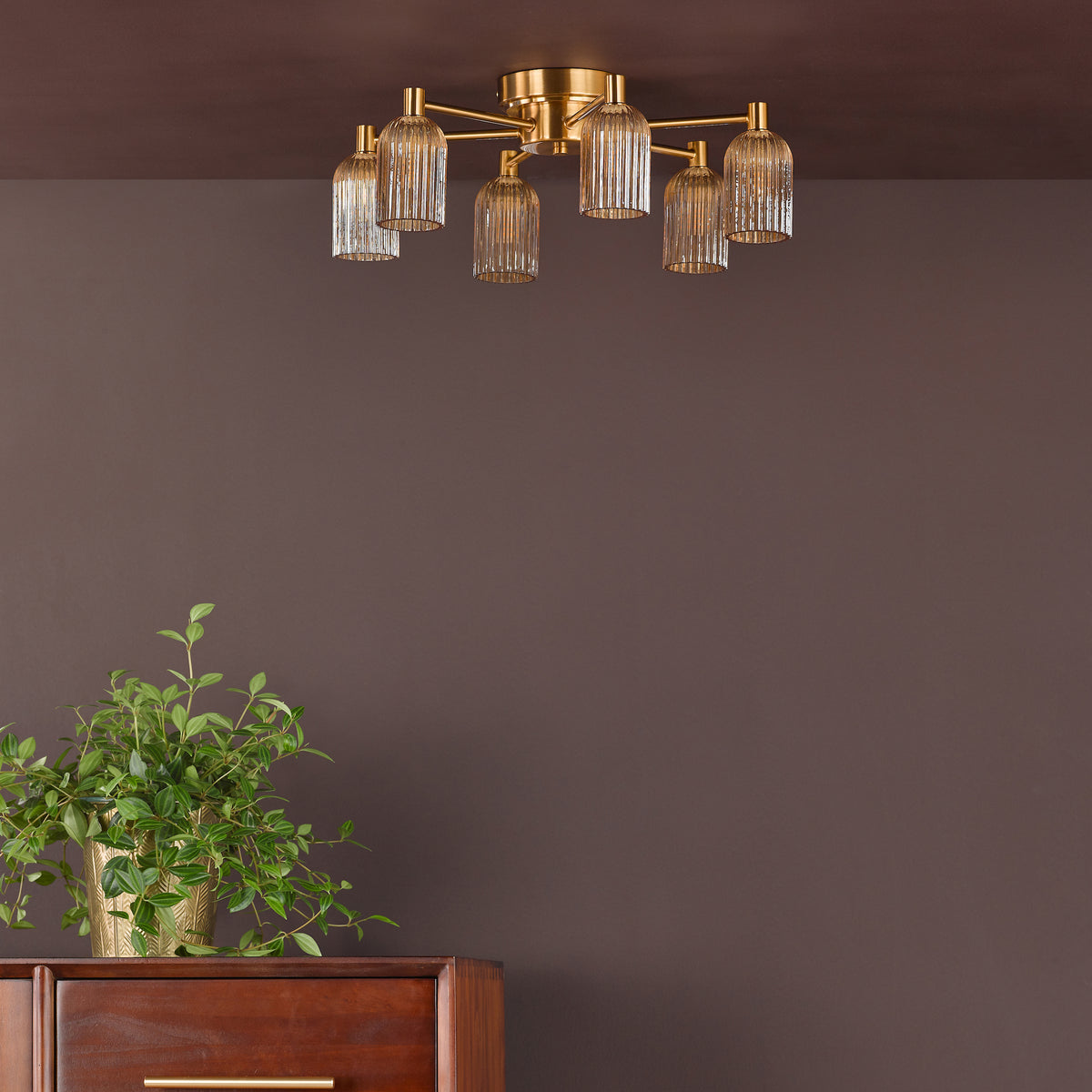 Hilaria Six Arm Flush Ceiling Light in Antique Gold with Amber Ribbed Glass Shades