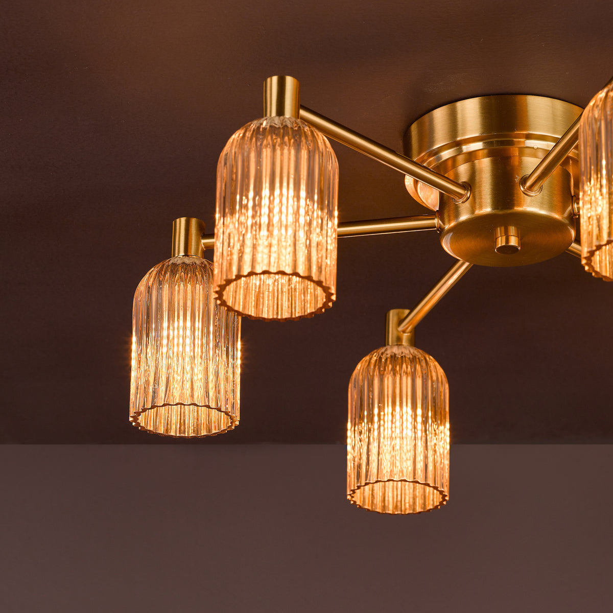 Hilaria Six Arm Flush Ceiling Light in Antique Gold with Amber Ribbed Glass Shades