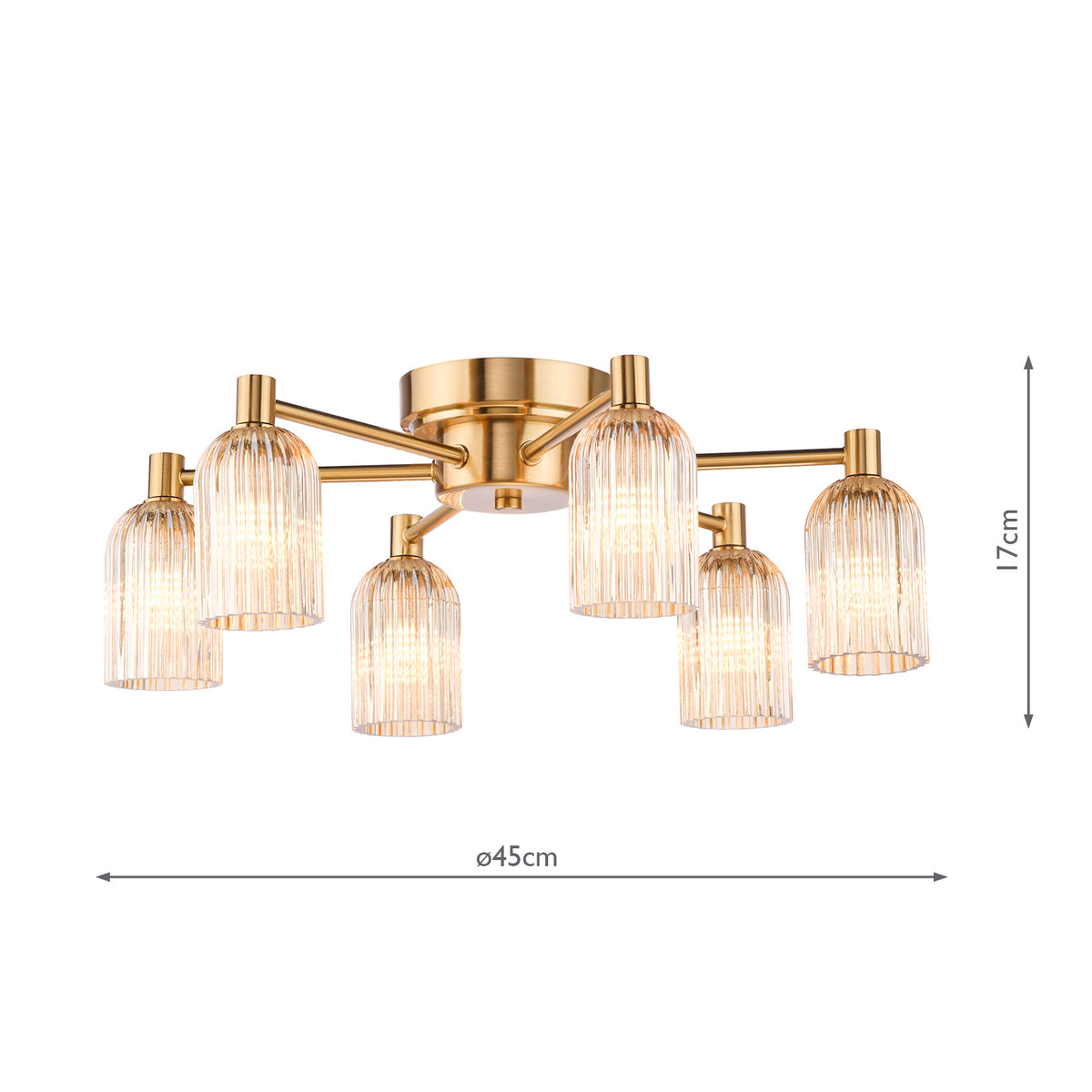 Hilaria Six Arm Flush Ceiling Light in Antique Gold with Amber Ribbed Glass Shades