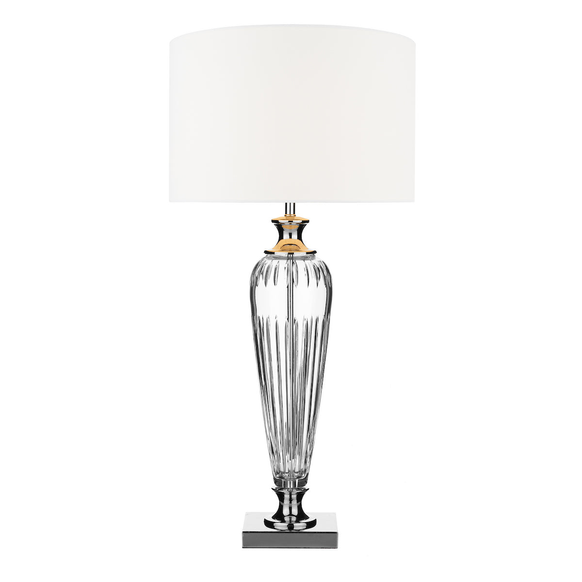 Elegant table lamp with a clear fluted glass base, gold accents, and a white drum shade.