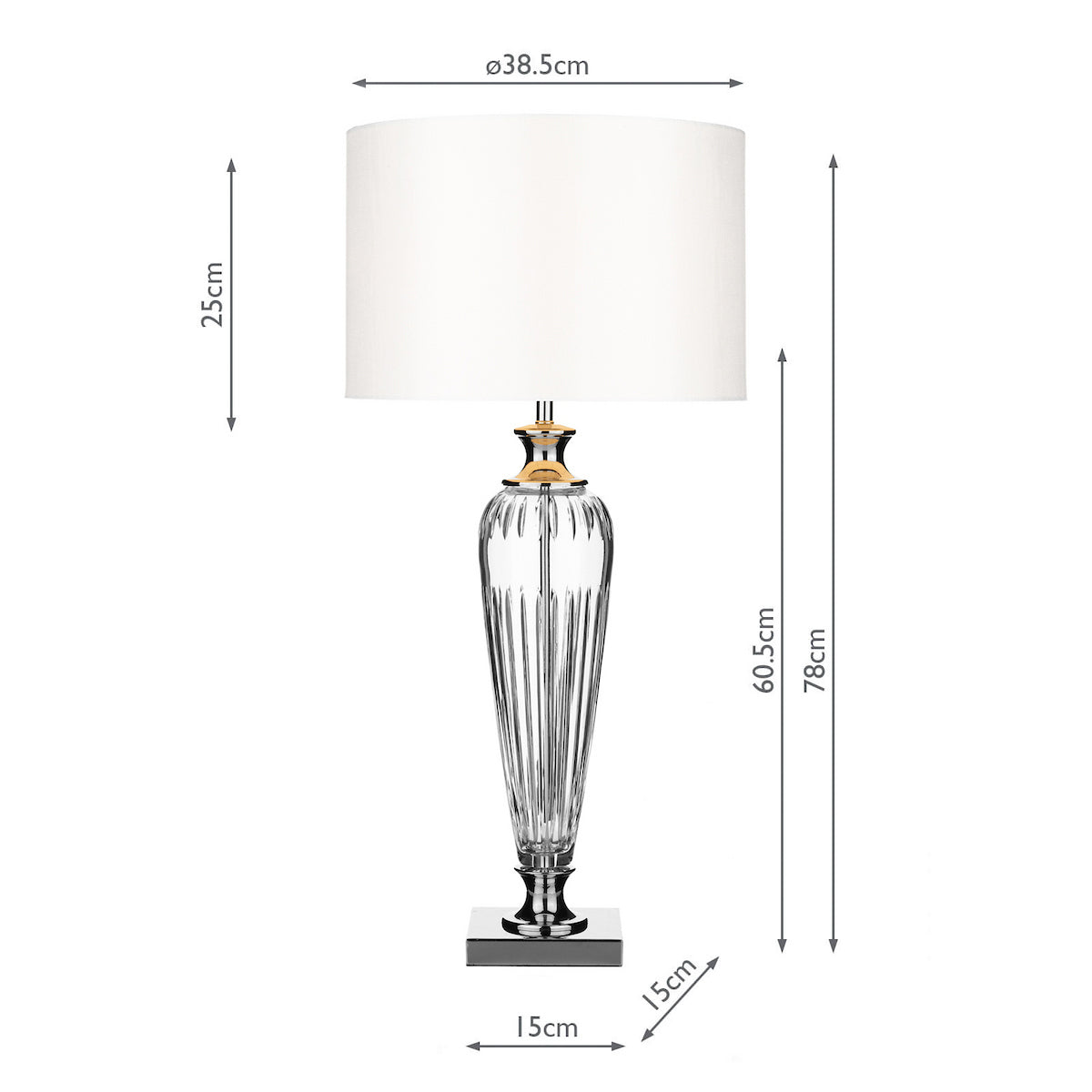 Elegant table lamp with a white shade, clear fluted glass base, and chrome accents, showing dimensions.