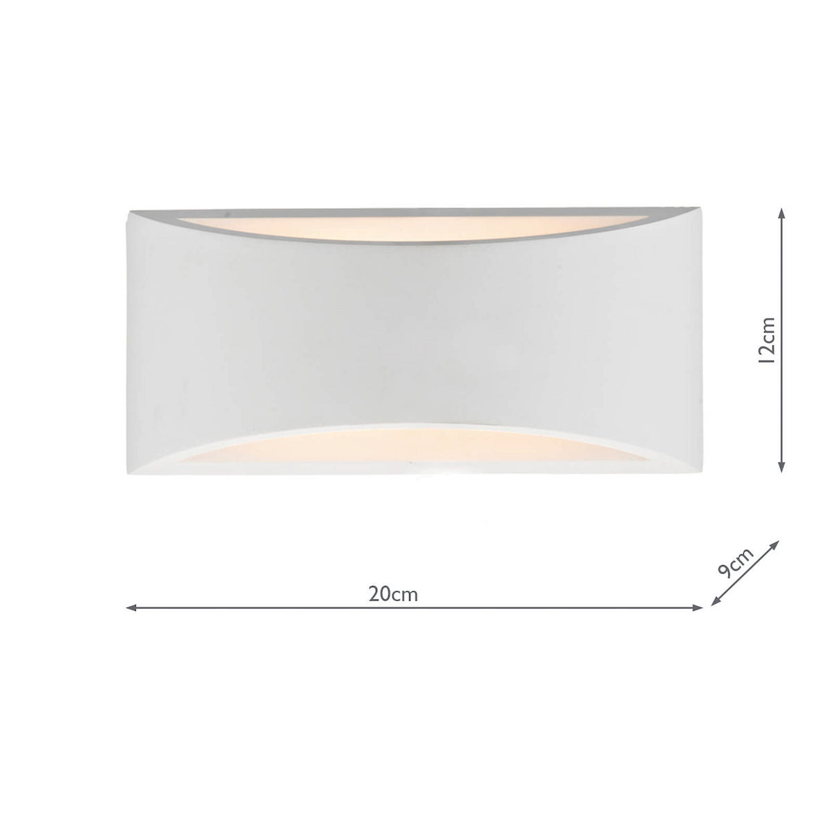 White rectangular wall light with curved top and bottom edges, emitting light from both openings. Dimensions are 20cm wide, 12cm high, and 9cm deep.