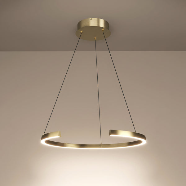 Brass ring pendant light with integrated LED strip, suspended by three black wires from a circular ceiling mount