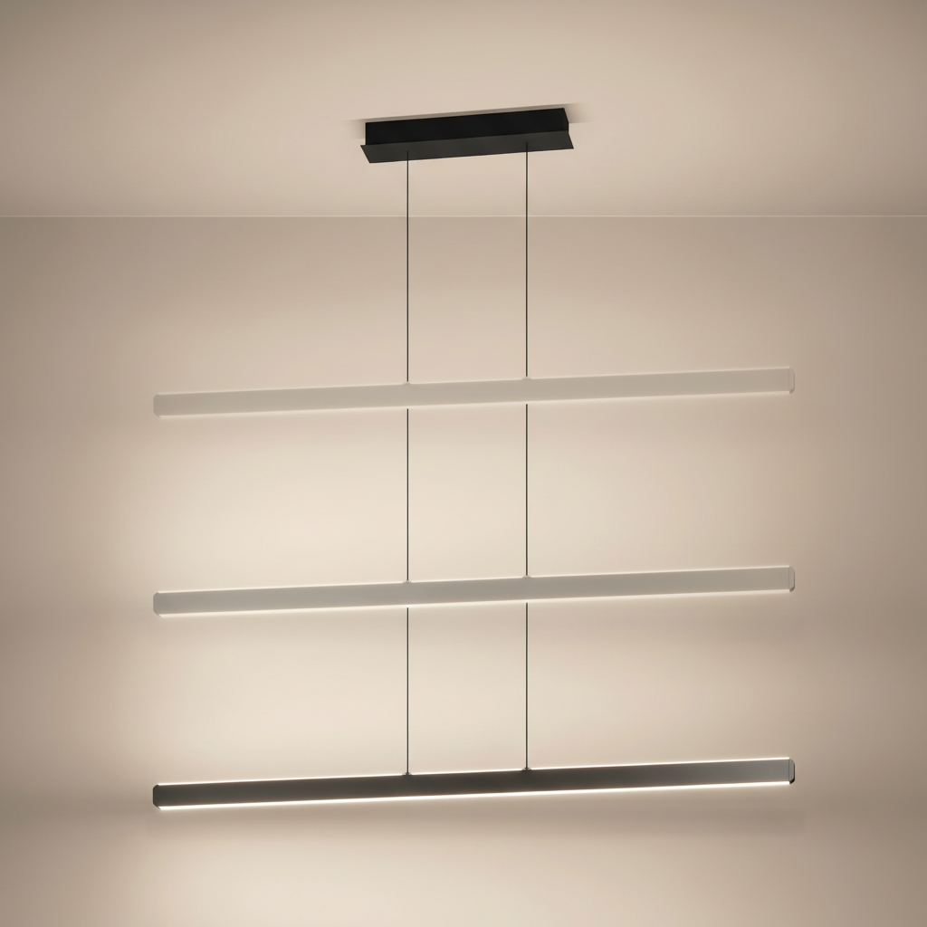 Three linear pendant lights, two white and one black, hanging from a black ceiling mount