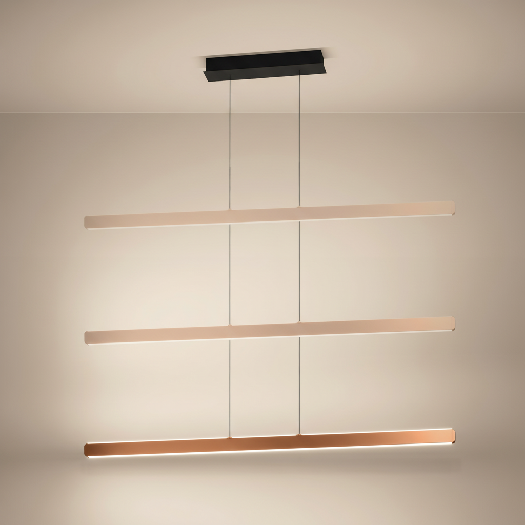 Three linear pendant lights hanging from a black ceiling mount, two are light beige, one is copper