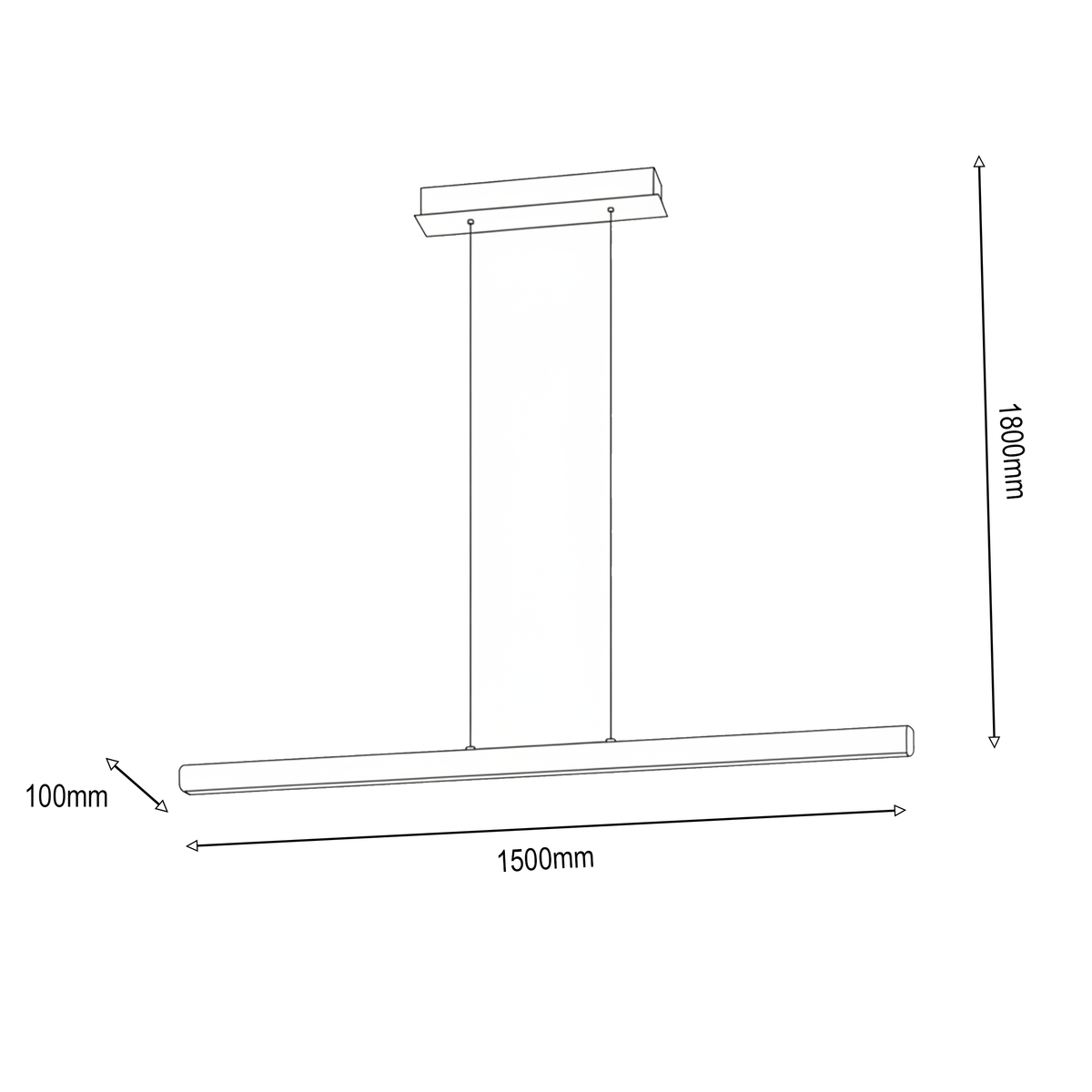 Line drawing of a linear pendant light with dimensions 1500mm length, 100mm width, and 1800mm height