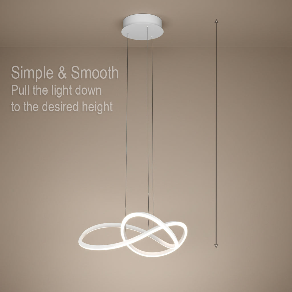 Adjustable pendant light with a white ceiling mount and a glowing infinity-shaped fixture