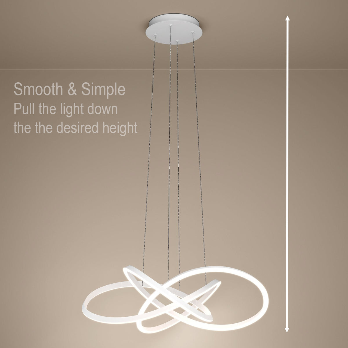 Adjustable height pendant light with intertwined rings