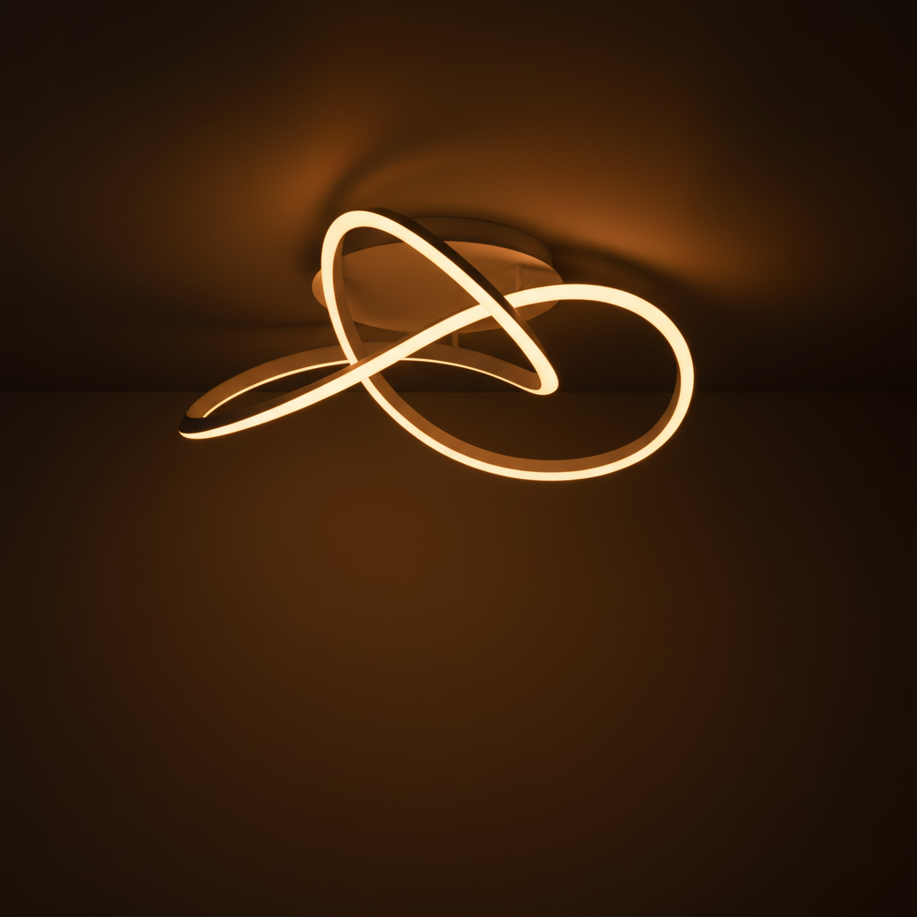 Modern ceiling light with a warm glow, featuring a white, abstract, intertwined design