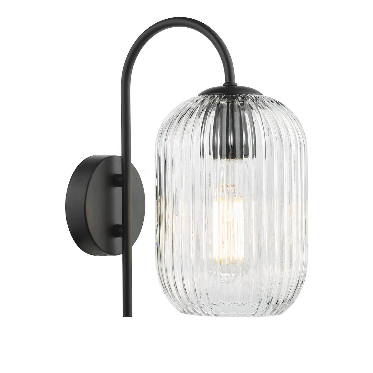 Black wall sconce with a curved arm and a ribbed clear glass shade, revealing an illuminated bulb.