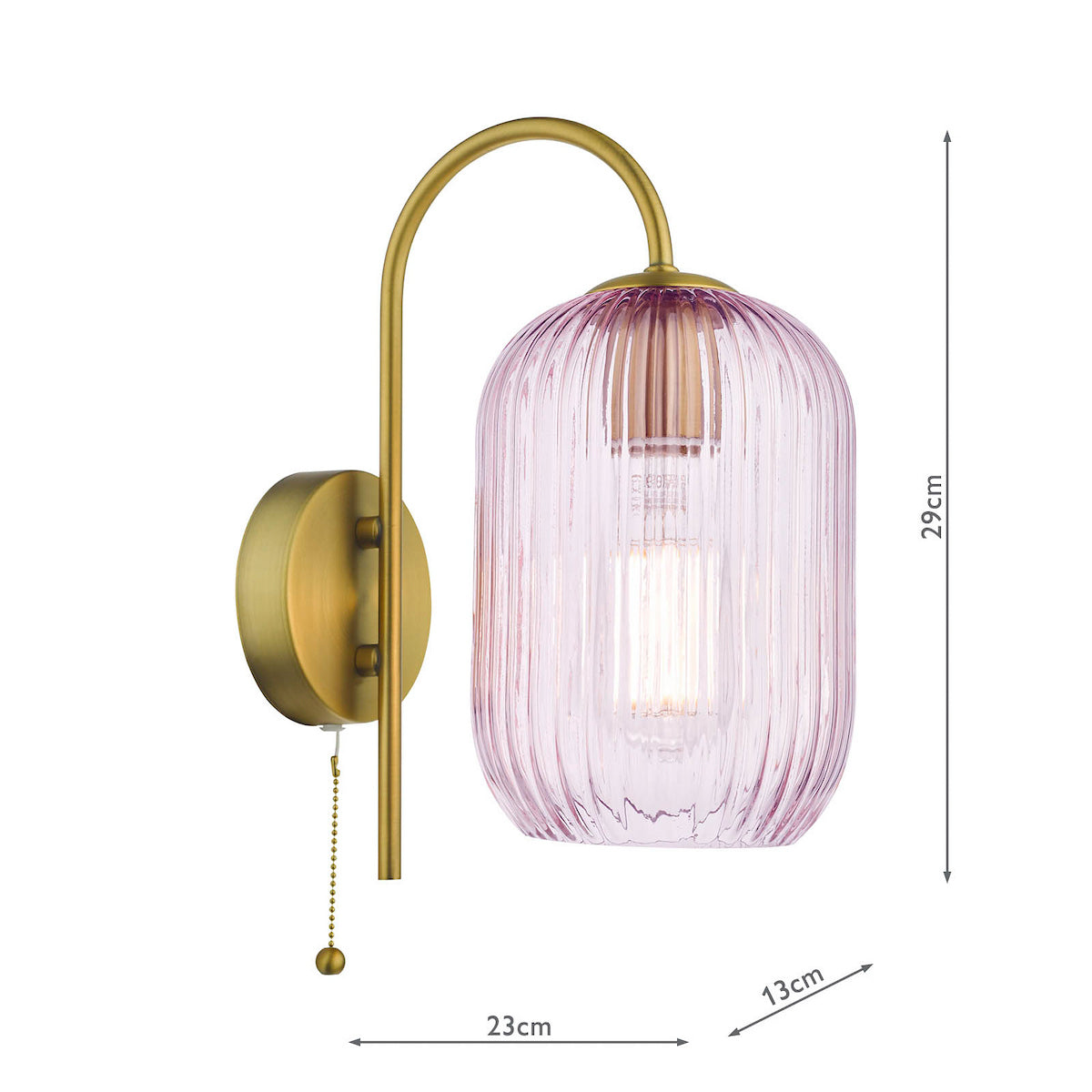 Brass wall light with a curved arm and a ribbed pink glass shade, with dimensions.