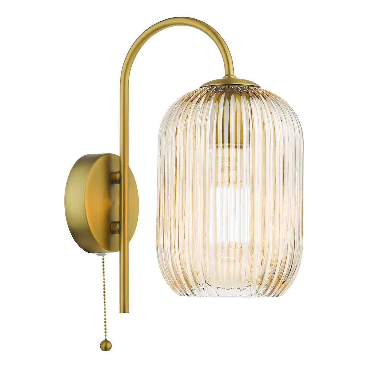 Brass wall sconce with a curved arm and a ribbed amber glass shade, featuring a pull chain switch.