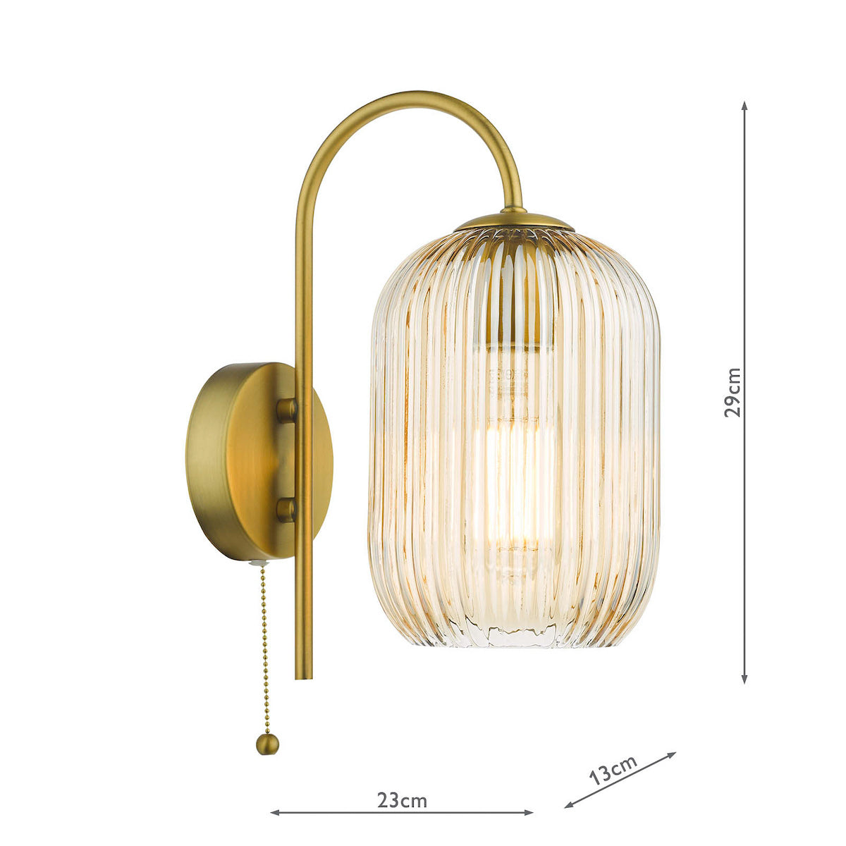 Brass wall light with a curved arm and a ribbed, clear glass shade, featuring a pull chain switch.