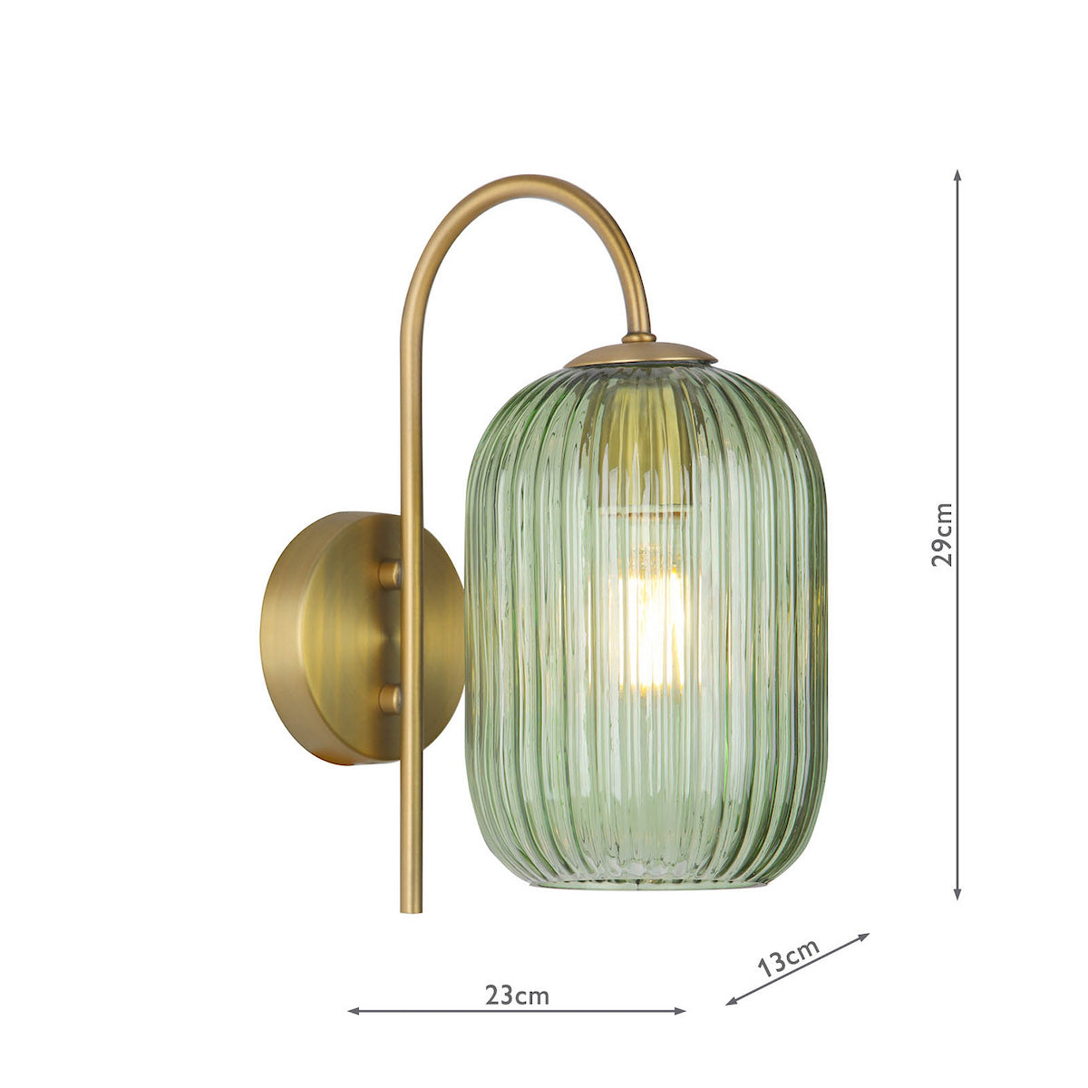 Brass wall light with a ribbed green glass shade and visible bulb, with dimensions.
