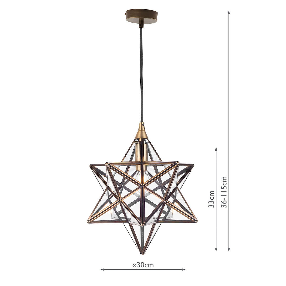 Star-shaped pendant light with clear glass panels and bronze frame, showing dimensions.