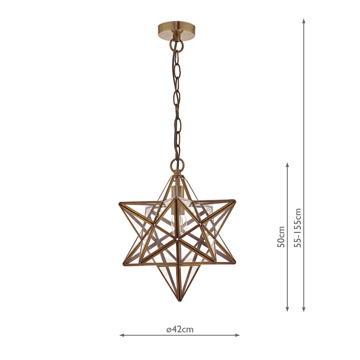 Star-shaped pendant light with clear glass panels and a bronze frame, hanging from a chain.
