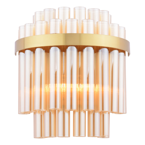 Gold and glass wall sconce with vertical amber glass rods