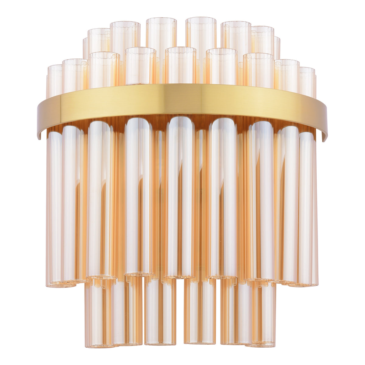 Gold and amber glass wall sconce with vertical cylindrical tubes arranged in a tiered design