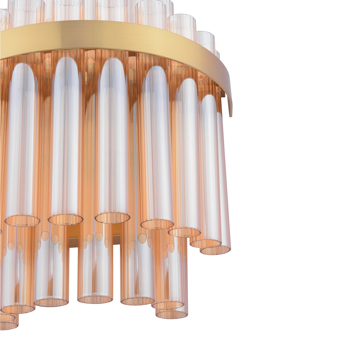 Close up of a gold chandelier with clear and amber glass tubes