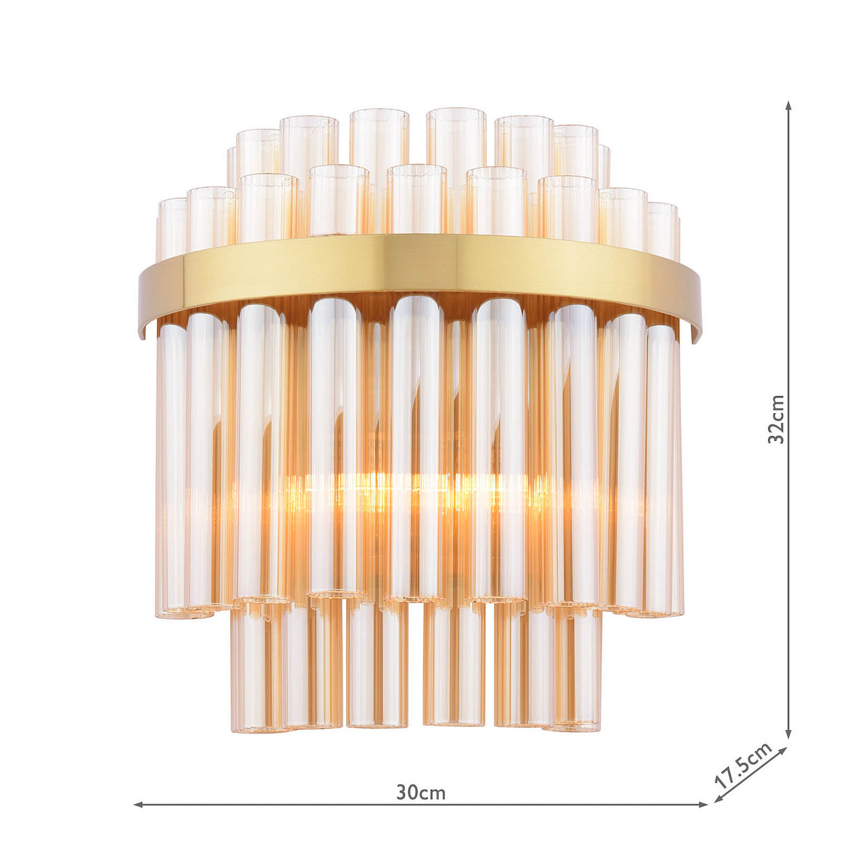 Gold and glass wall light with vertical amber glass tubes and a gold metal band, dimensions shown