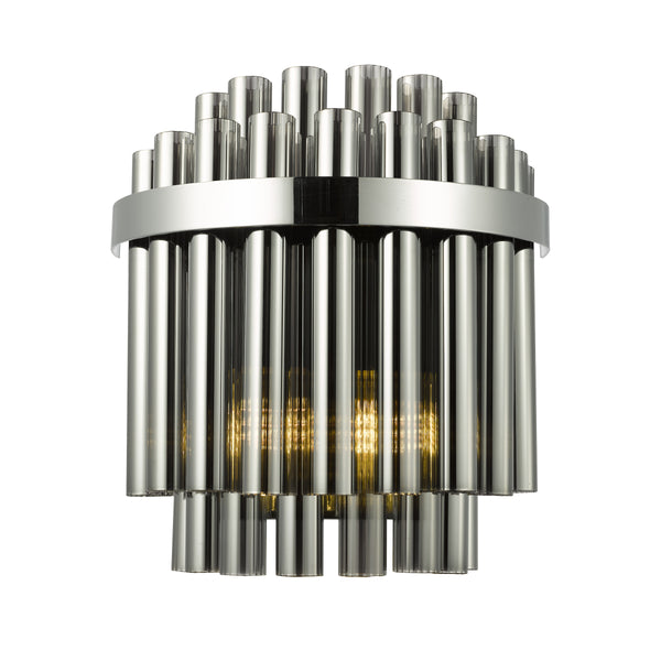 Polished nickel wall light with vertical glass rods and exposed bulbs