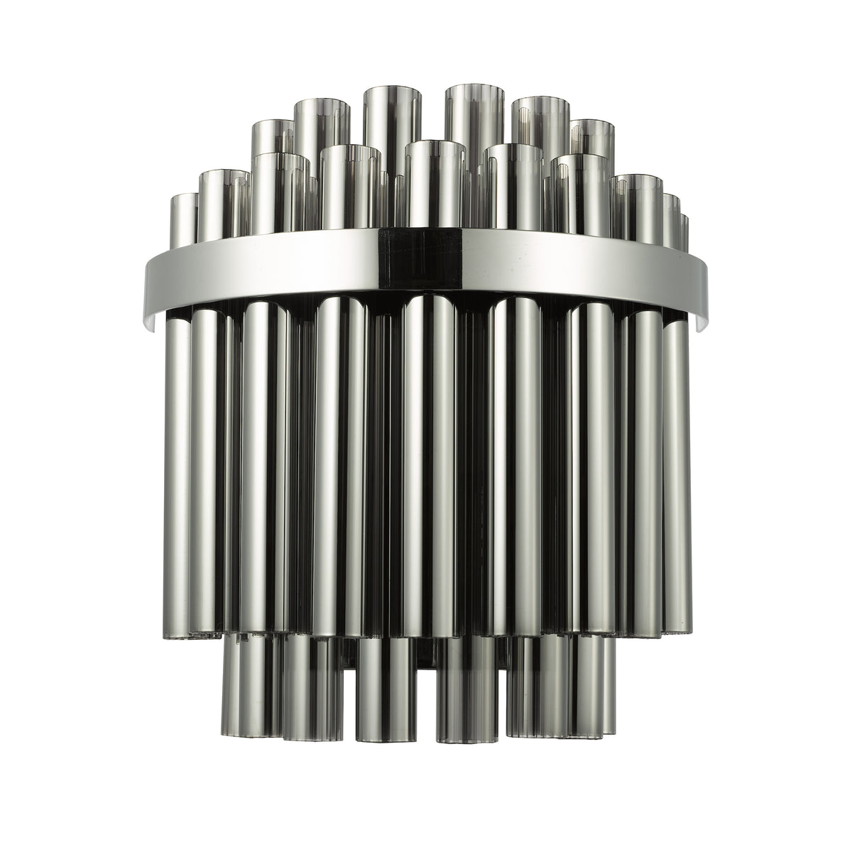 Chrome wall light with multiple vertical cylindrical tubes arranged in a tiered, semi-circular design