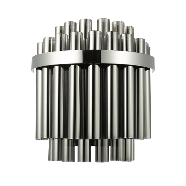 Chrome wall light with multiple vertical cylindrical tubes arranged in a tiered, semi-circular design