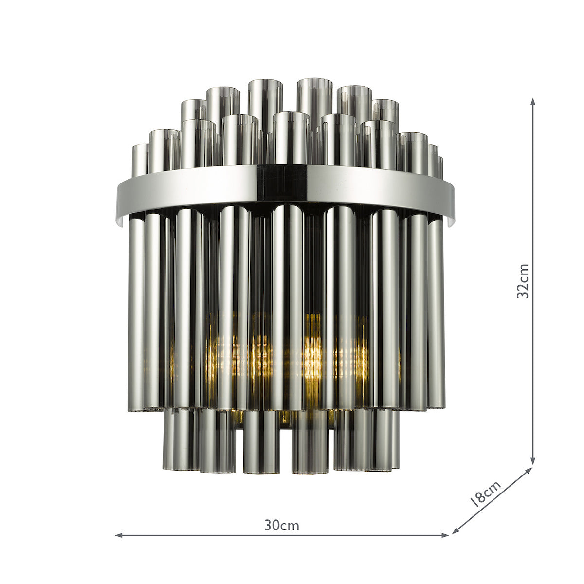 Polished chrome wall light with multiple vertical glass rods and exposed bulbs