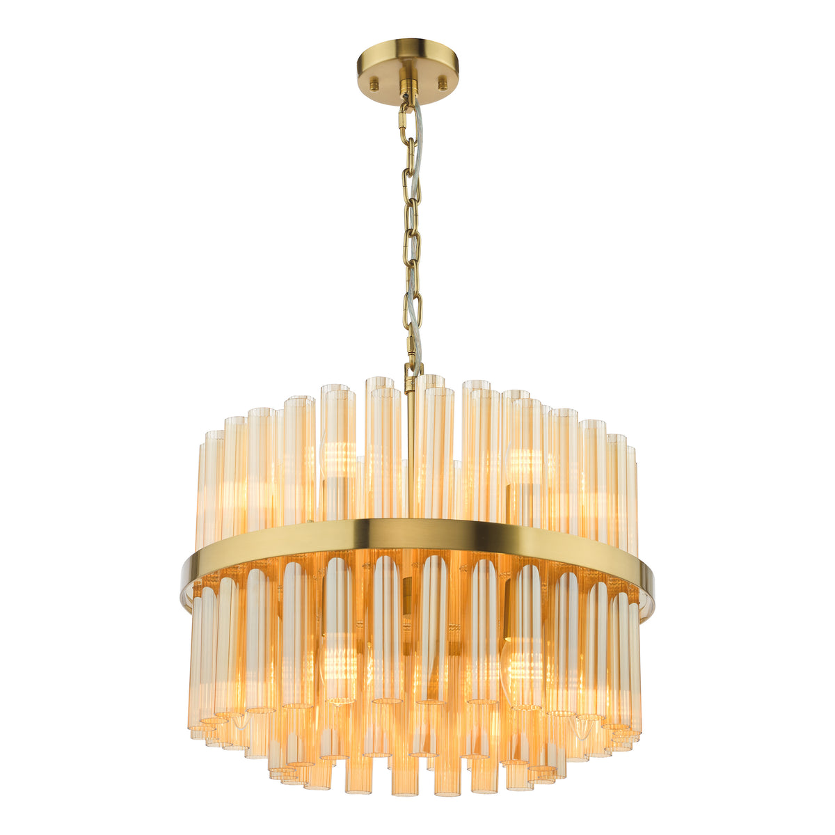 Round gold chandelier with amber glass tubes