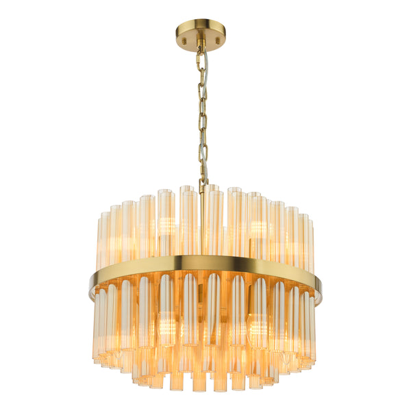 Round gold chandelier with amber glass tubes