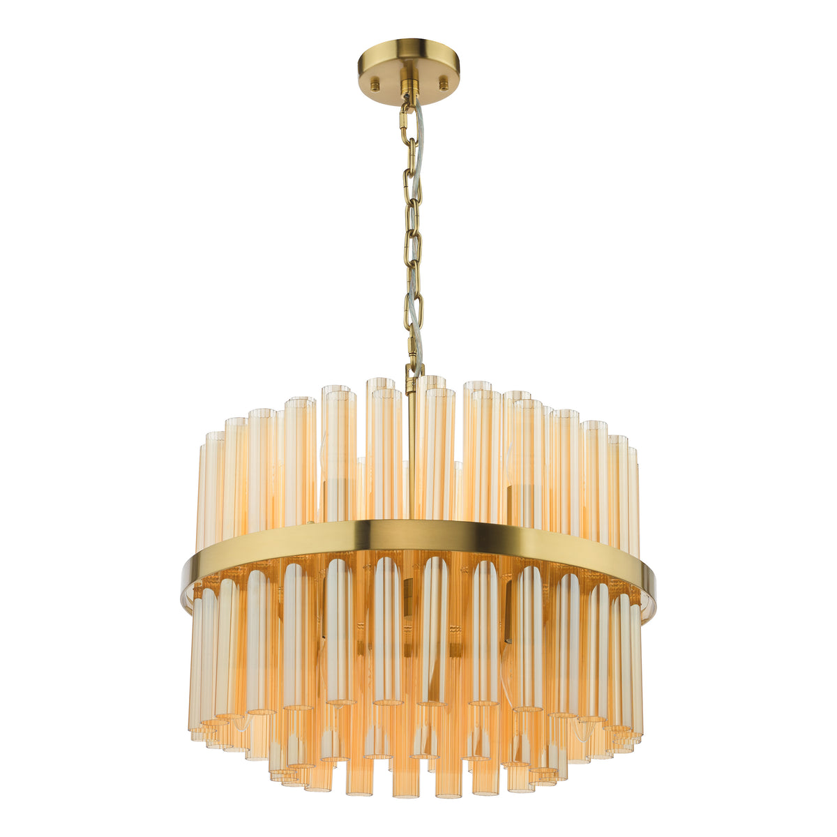Round chandelier with gold frame and amber glass rods