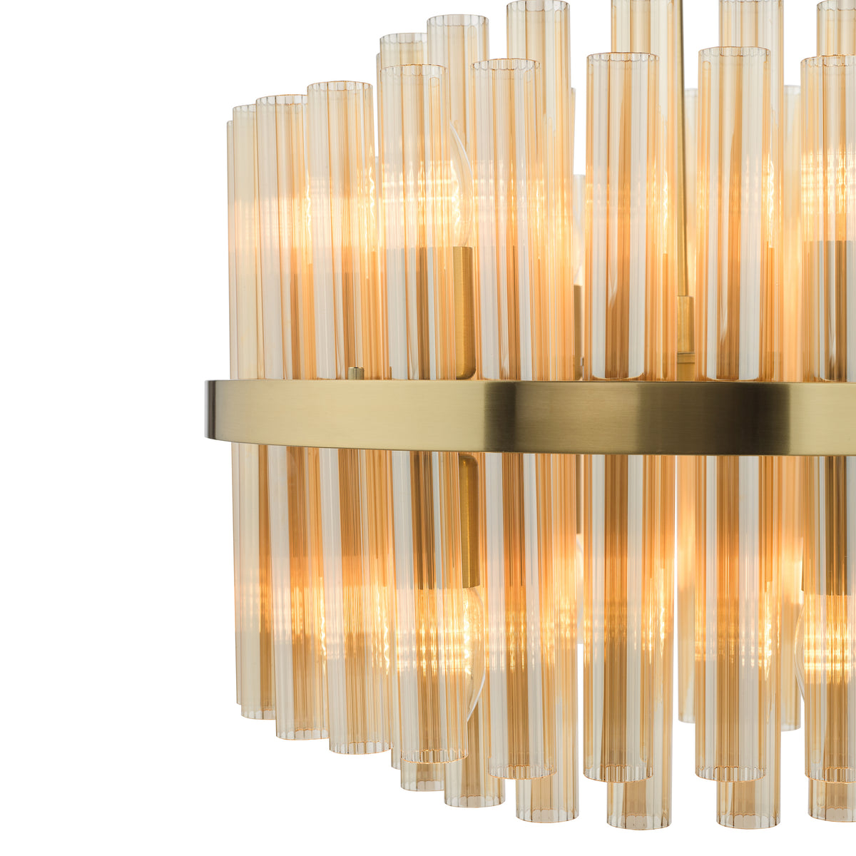 Close up of a gold chandelier with amber glass tubes