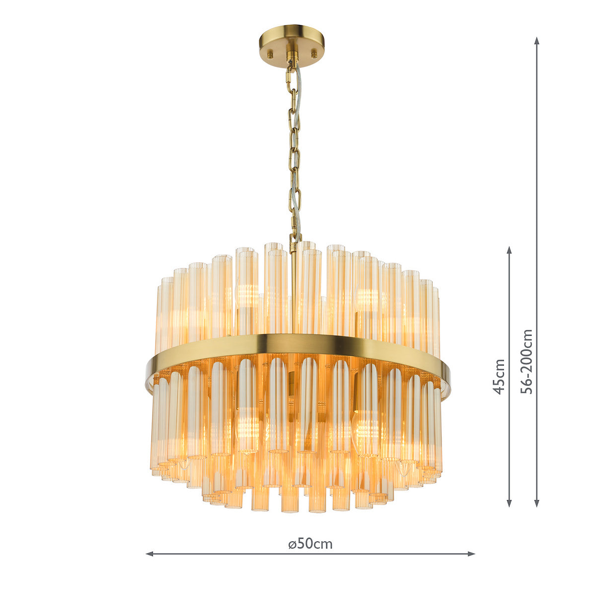 Round gold chandelier with amber glass rods and dimensions