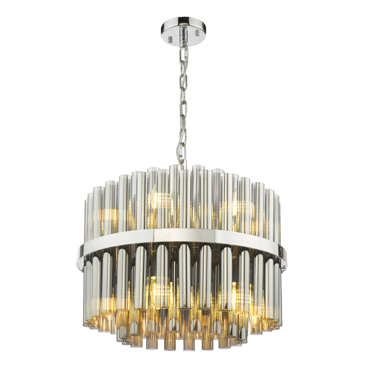 Round chandelier with chrome frame and clear glass rods, illuminated with warm light