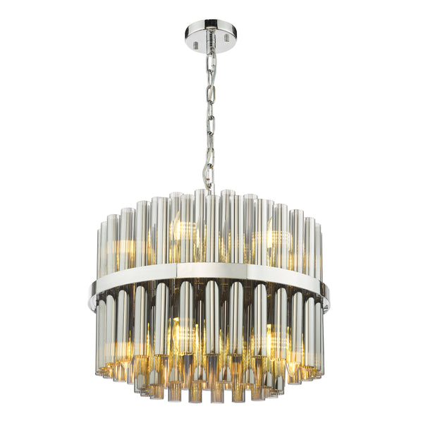 Round chandelier with chrome frame and clear glass rods, illuminated with warm light
