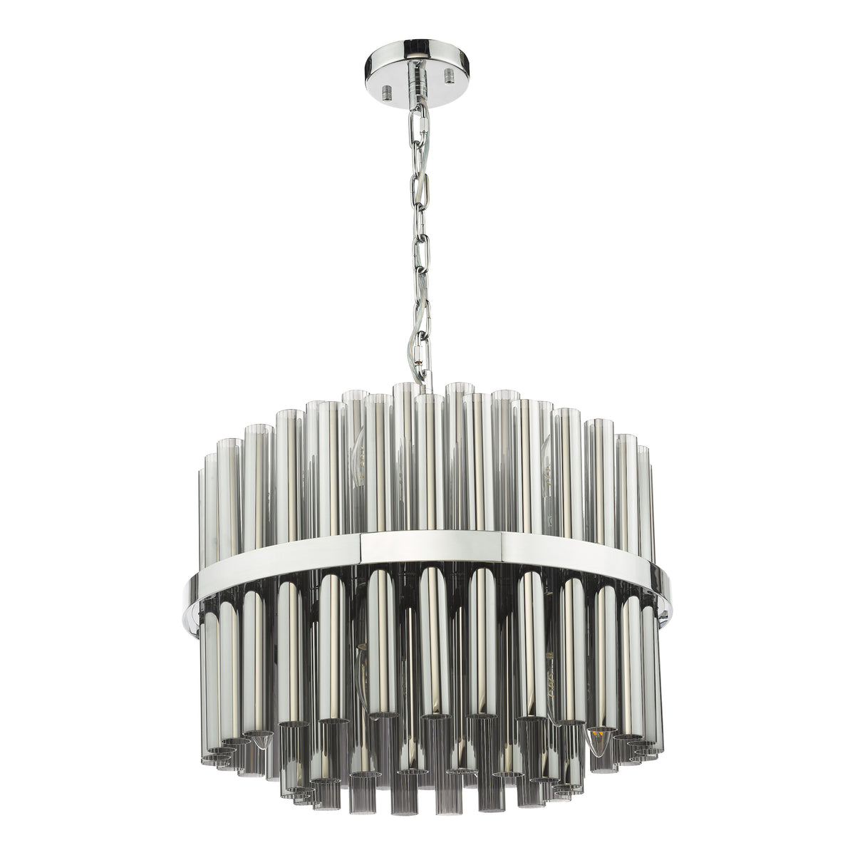 Round chandelier with chrome finish and clear glass rods