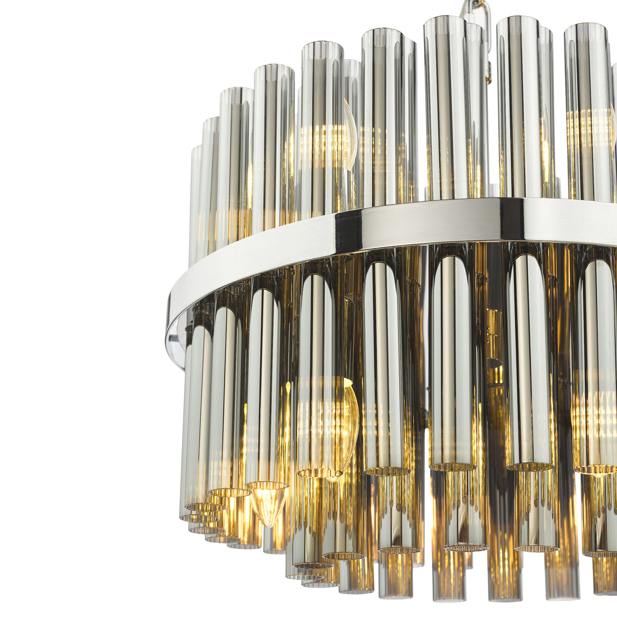 Close up of a round chandelier with vertical smoked glass tubes and exposed bulbs