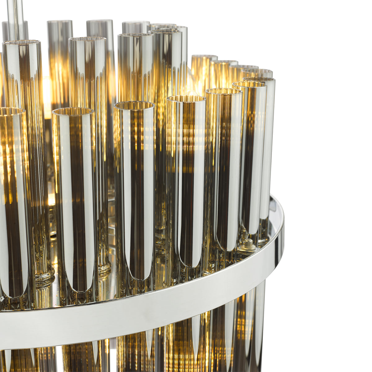 Close up of a chandelier with multiple glass tubes and lights