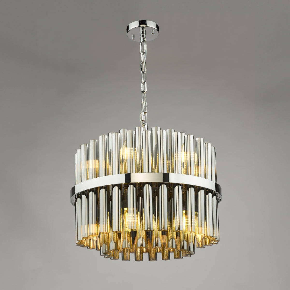 Round chandelier with clear glass rods and chrome accents