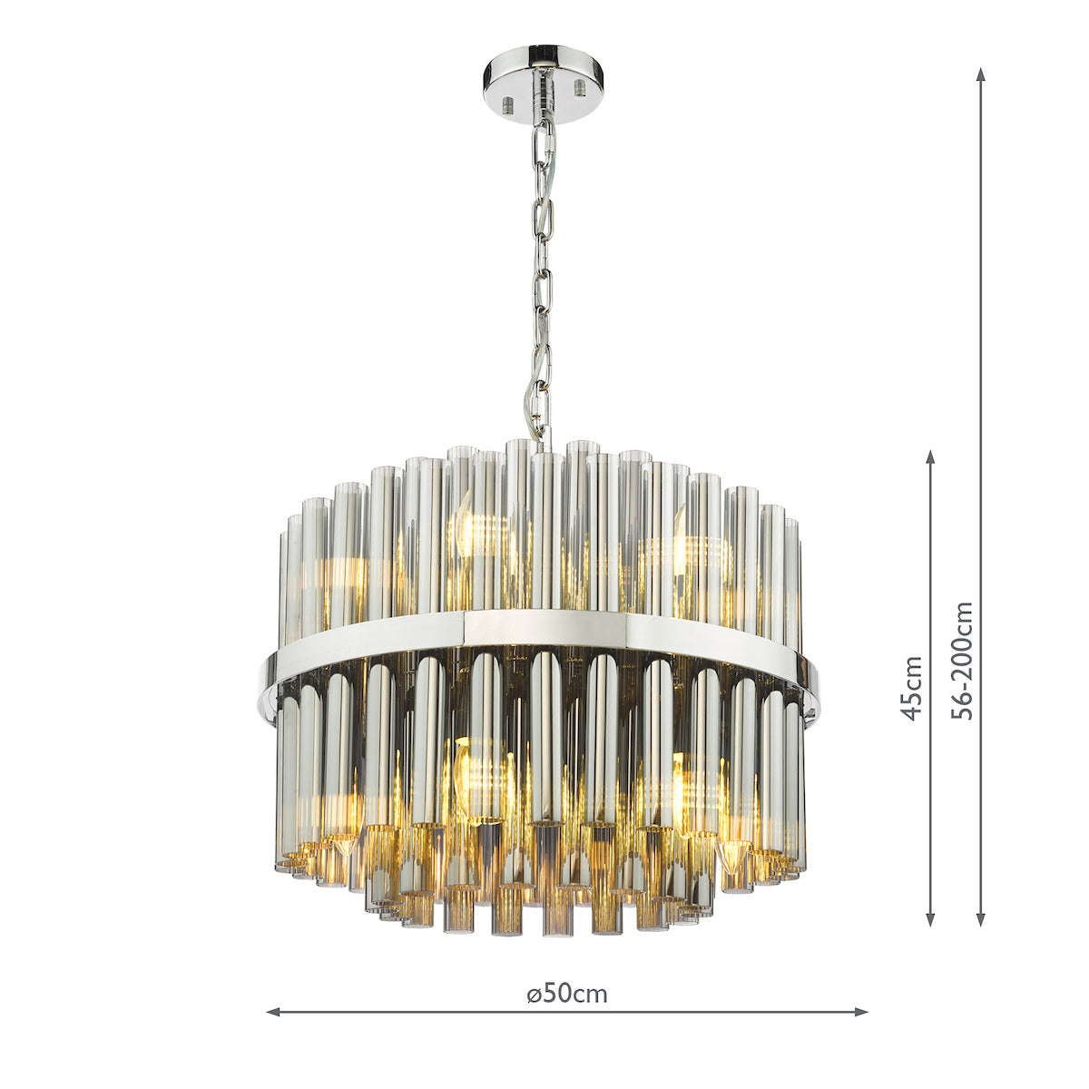 Round chandelier with chrome frame and clear glass rods, showing dimensions of 50cm diameter and 56-200cm height