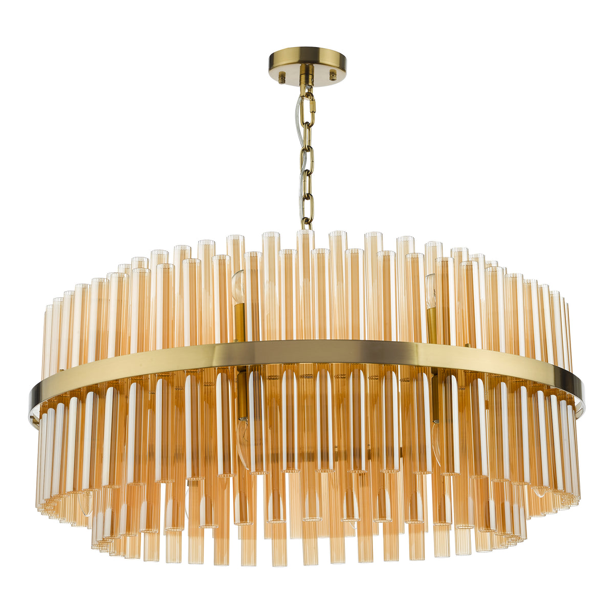 Round chandelier with amber glass tubes and a brass frame