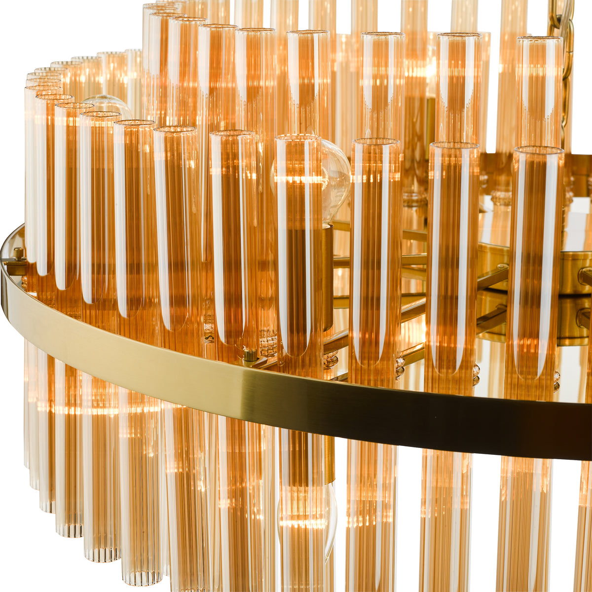 Round chandelier with amber glass tubes and a gold metal frame