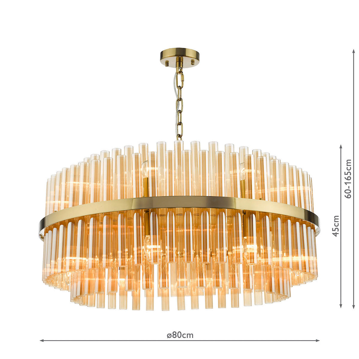 Round chandelier with amber glass rods and brass frame, dimensions 80cm diameter, 45cm height, 60-165cm drop
