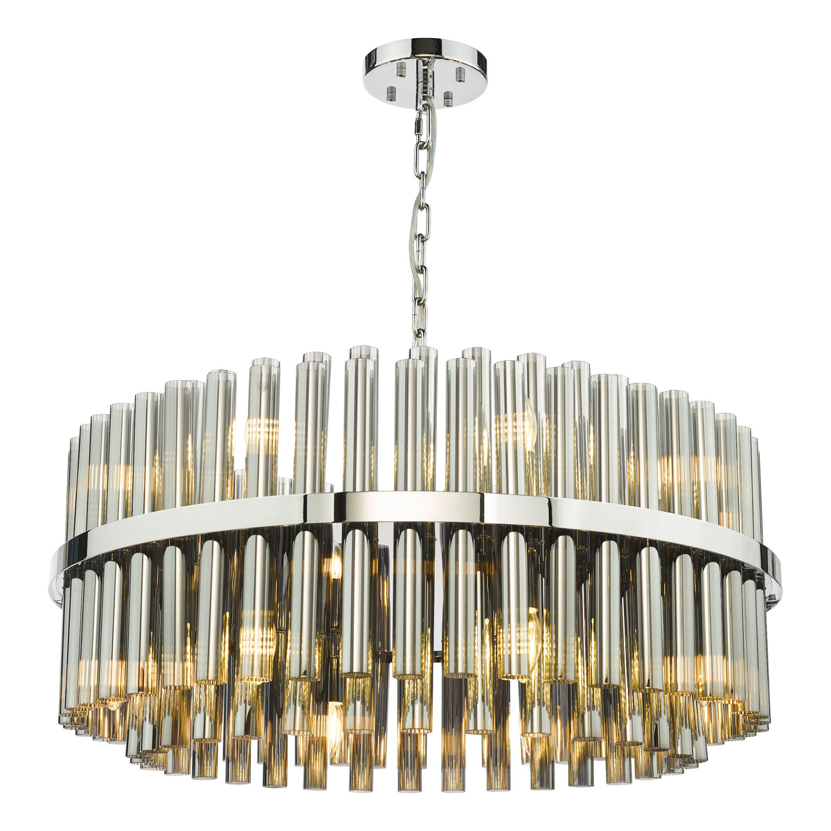 Round chandelier with chrome finish and clear glass rods