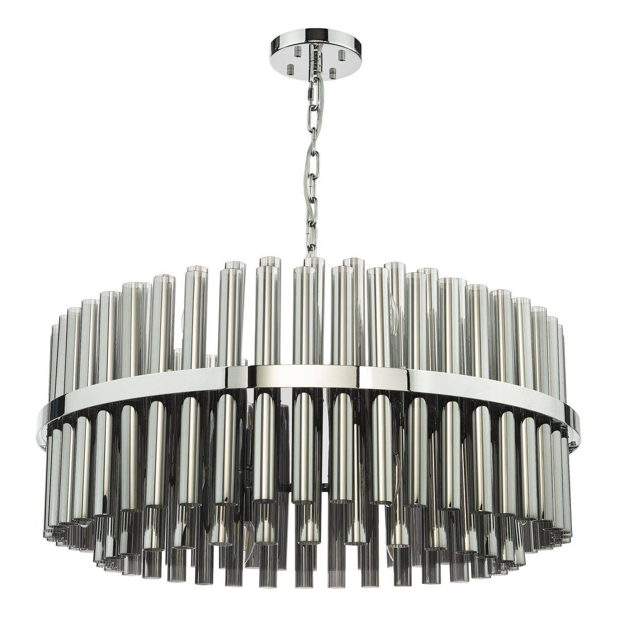 Round chandelier with chrome finish and clear glass rods