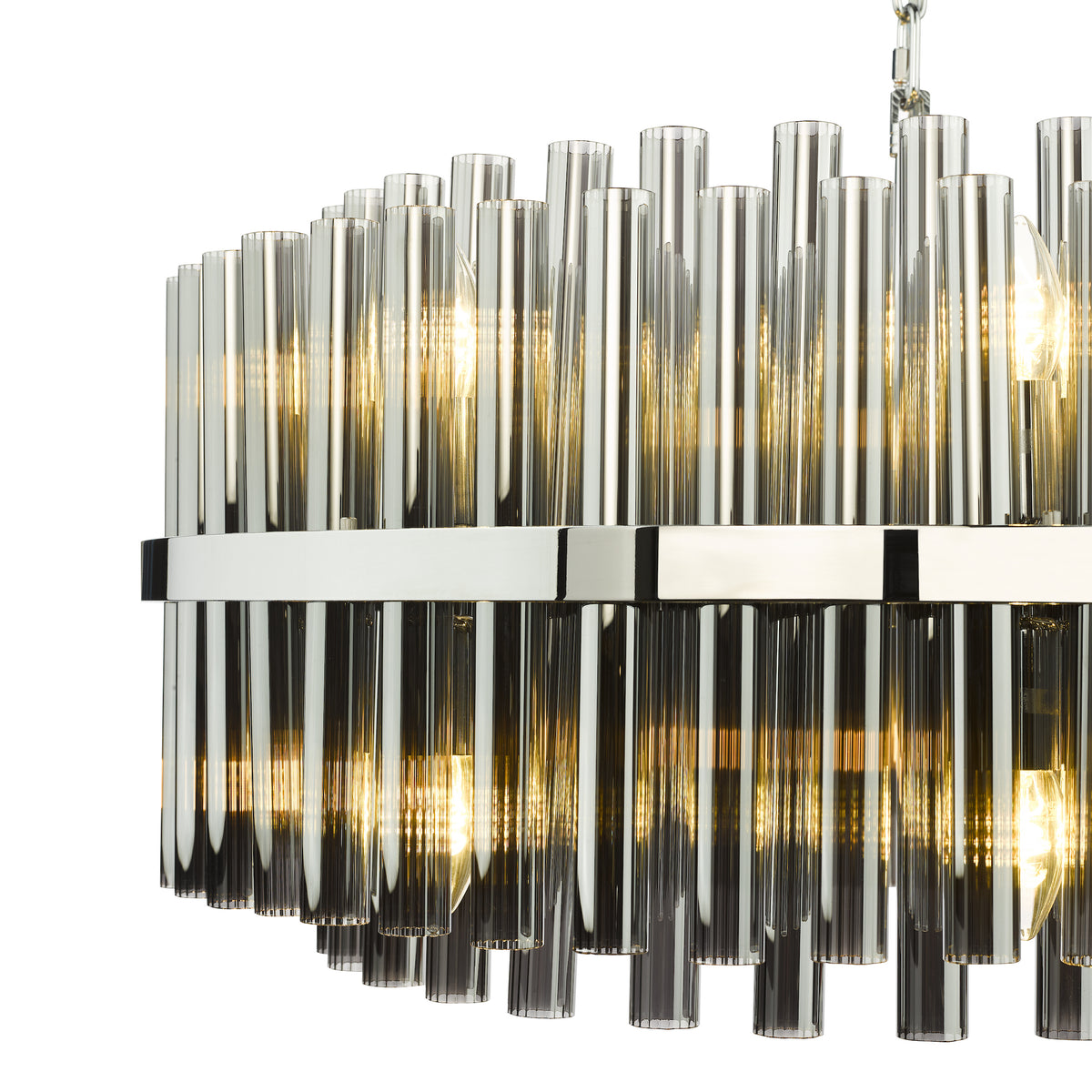 Close up of a chandelier with multiple glass tubes and exposed light bulbs
