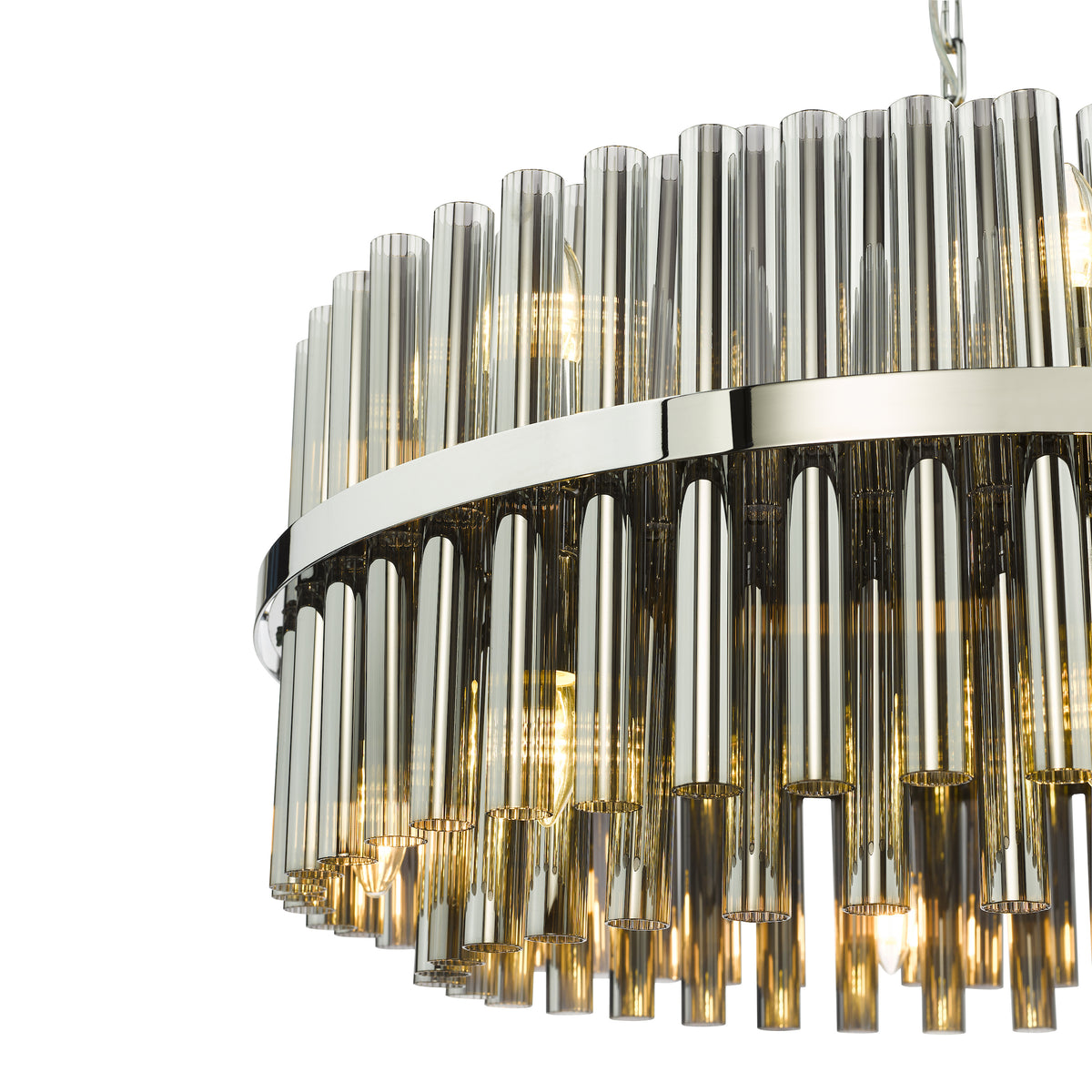 Close up of a round chandelier with clear glass rods and a polished chrome frame