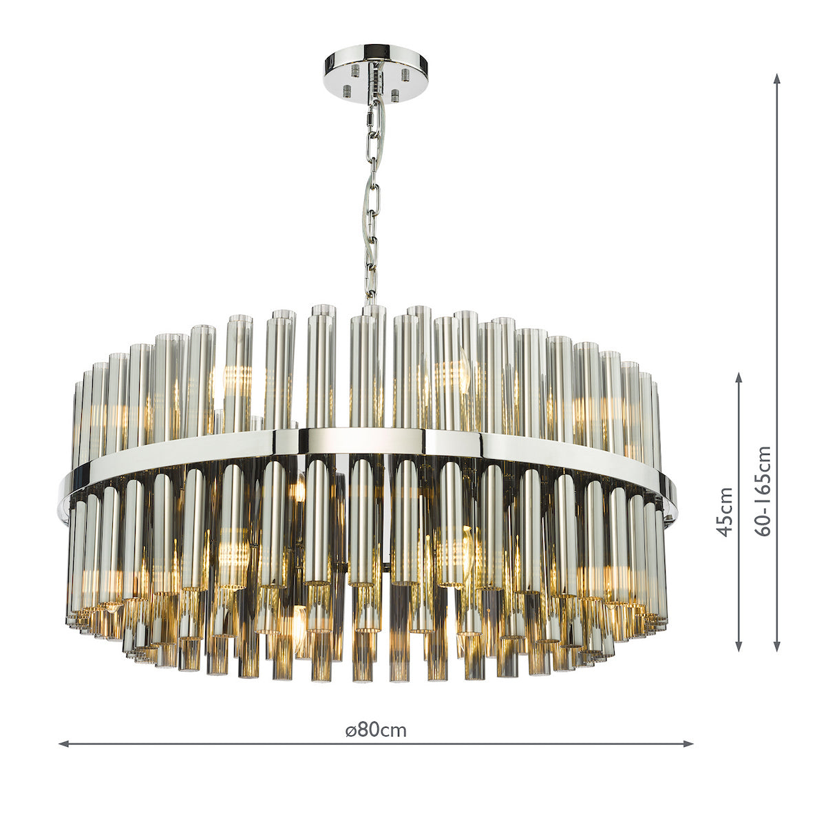 Round chandelier with chrome frame and smoked glass rods, showing dimensions of 80cm diameter and 60-165cm height