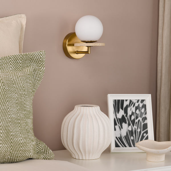 Inaya Wall Light In Natural Brass & Travertine with Opal Glass Shade