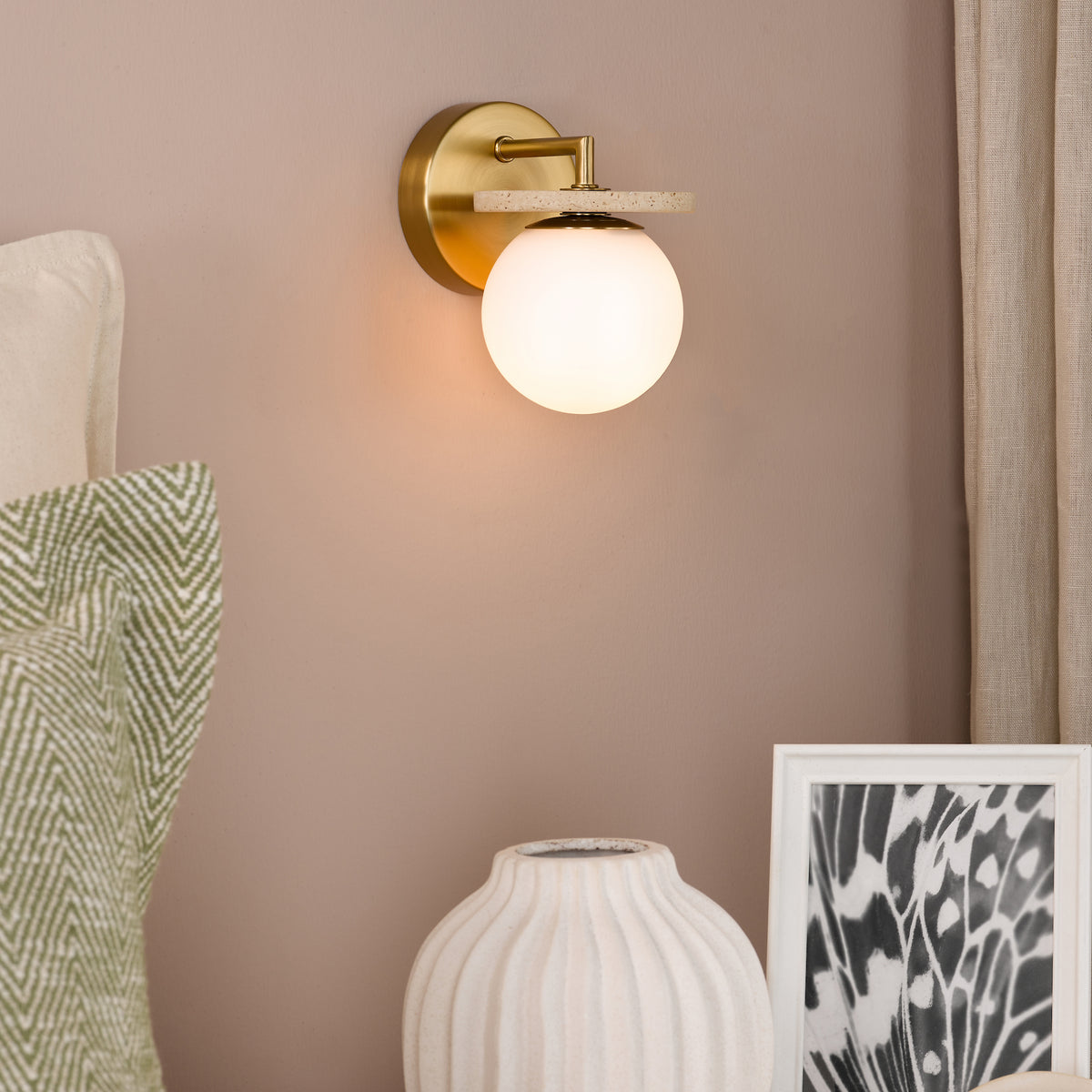 Inaya Wall Light In Natural Brass & Travertine with Opal Glass Shade